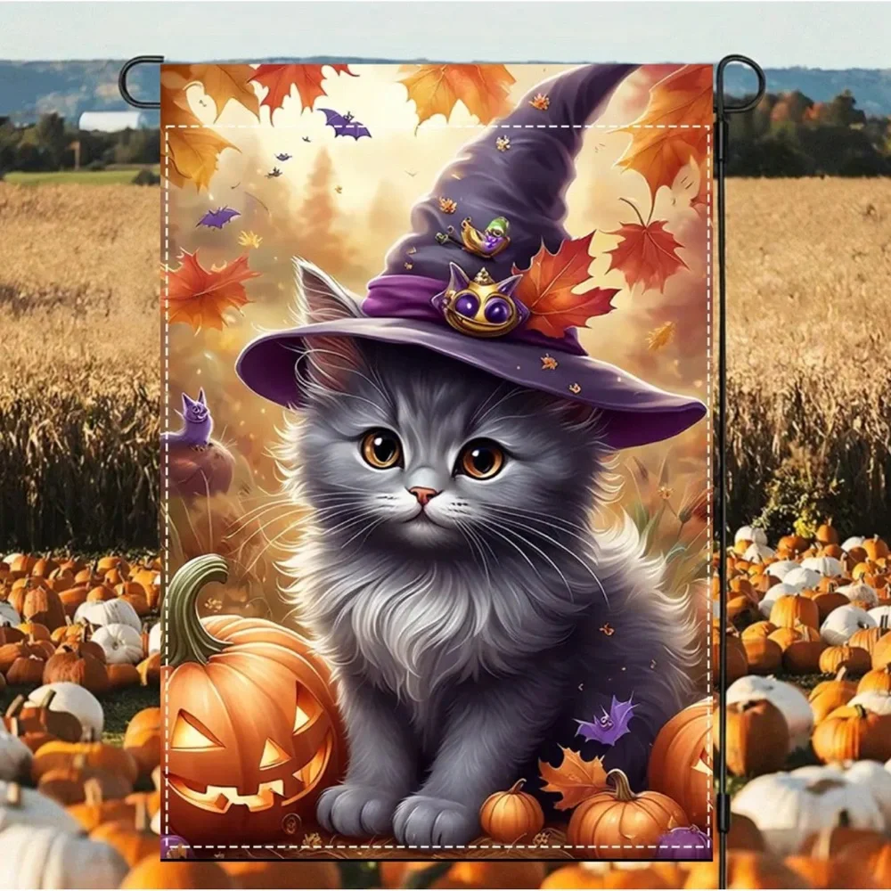 Garden Flag, 12”x18”, Halloween Witch Cat, Burlap Polyester Doublesided